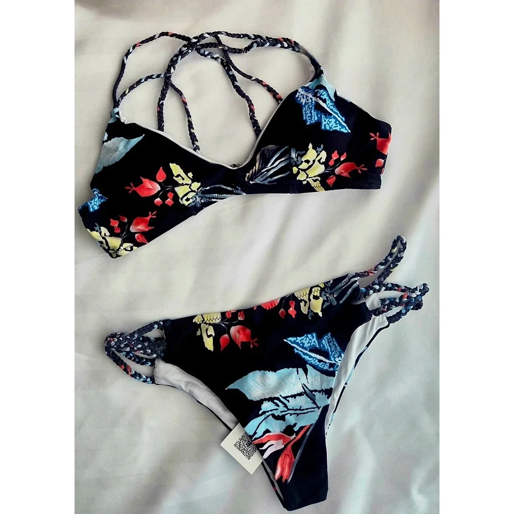 Cupshe Tropical Floral Braided Strap Bikini Set Black Multi Color Two Piece‎ M